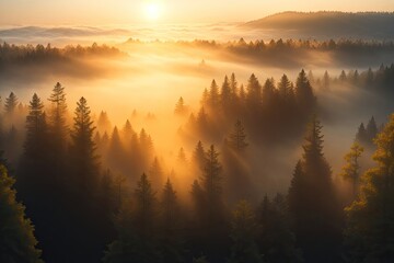 mountain forest in the fog sun set light ai generative