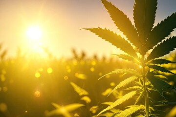 Fototapeta Marijuana Bud on Canopy Cannabis Plants with Flat Vintage Style sun set ai generative obraz