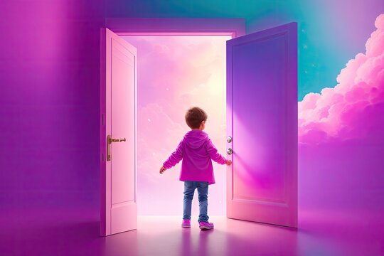 World of books concept . kid open door to fantasy pink clouds world ai generative