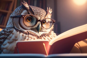 Owl reading a book, education concept ai generative