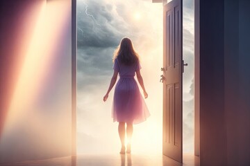 woman walking through door to fantasy world abstract background, dreams concept ai generative