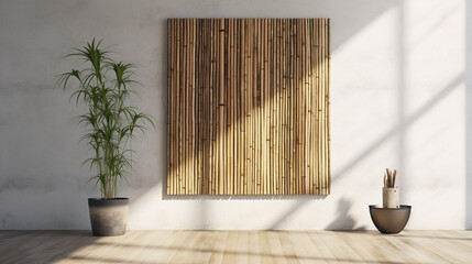 Bamboo wall, background, backdrop with potted tree bamboo tree light falls on the wall out of the window, presentation background eco concept modern living, AI-Generated