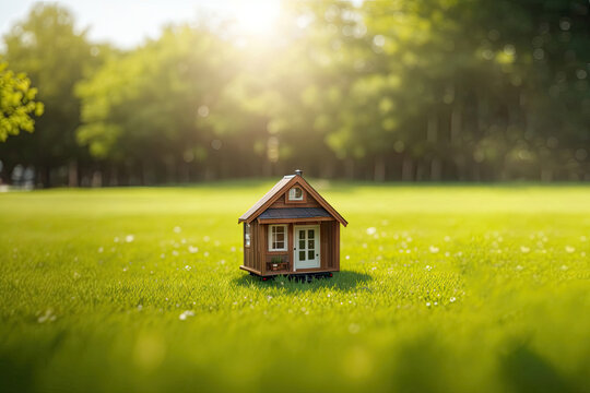 Small home model on wooden table with nature green bokeh abstract background. Family life concept. ai generative