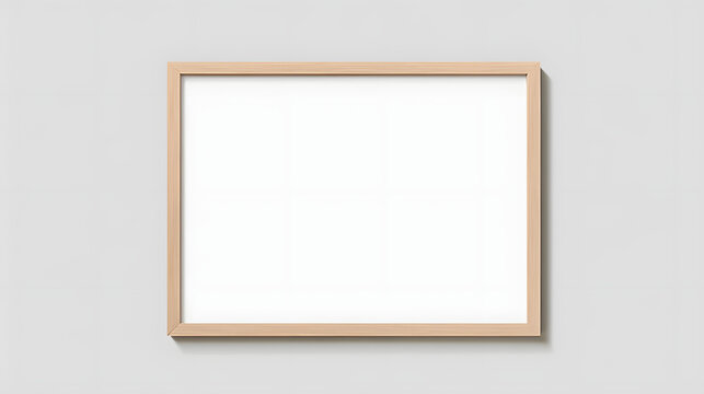 Blank picture frame mockup on white wall, horizontal artwork template. Single oak wood frame mock-up