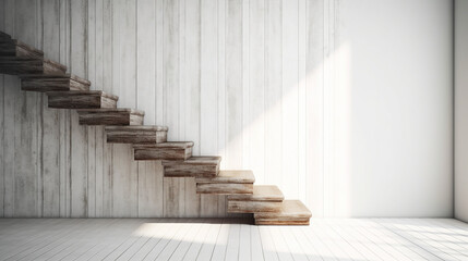 Marble staircase wooden staircase on light white wall background with copy space, presentation background backdrop, AI-Generated