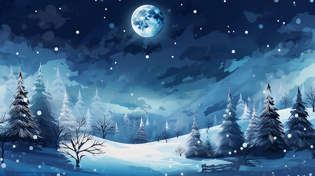 Moonlight background with moon snowy forest, Christmas trees start on the sky, dark sky, festive Christmas background backdrop, AI, KI-generated