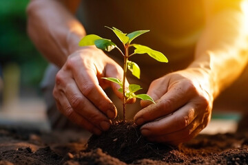 A man's hand plants a seedling-sprout in the ground. The concept of new life and young plants. Generative AI