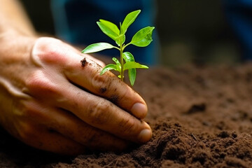 A man's hand plants a seedling-sprout in the ground. The concept of new life and young plants.Generative AI