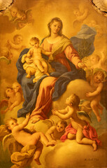 NAPLES, ITALY - APRIL 19, 2023: The painting of Madonna among the angels in the church Chiesa di San Giuseppe dei Ruffi by Antonio Sarnelli (1759). - obrazy, fototapety, plakaty
