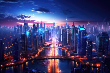 Night scene of smart modern city and skyscrapers town with neon futuristic technology background, future virtual reality, night life concept, building with spotlight, with Generative Ai.