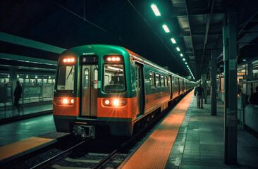 Naklejka na ściany i meble motion blurred train at night with train tracks