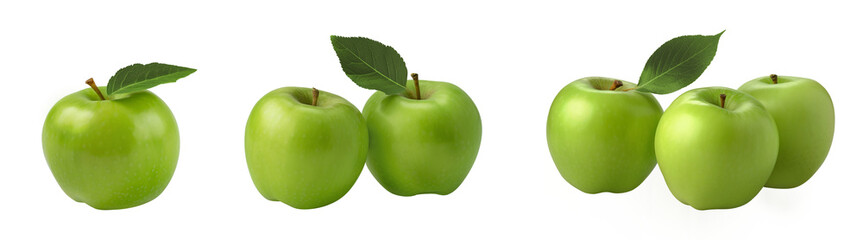 Granny Smith apples with leaves isolated on transparent background. Generative AI - obrazy, fototapety, plakaty