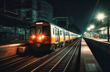 Fototapeta premium motion blurred train at night with train tracks