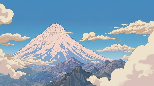 a cartoon illustration of a mountain complete in snow, wallpaper style, ai generated image