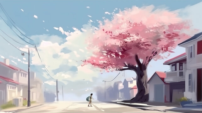 a young boy standing in front of a big impressive cherry tree, school road, concept artwork, ai generated image