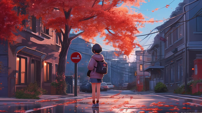 a girl standing alone in the middle of a street next to a big tree, ai generated image