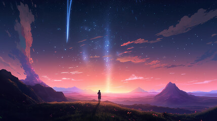 falling star in a beautiful scifi universe, shooting stars wallpaper, ai generated image