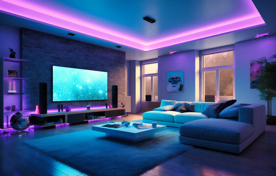 LED illuminated living room with a tv