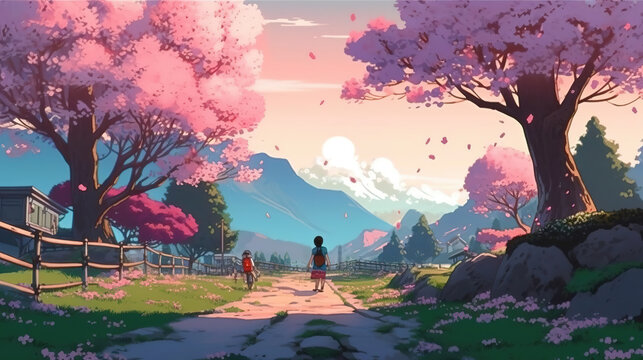 a wonderful anime landscape of a boy walking a long street next to cherry trees, ai generated image