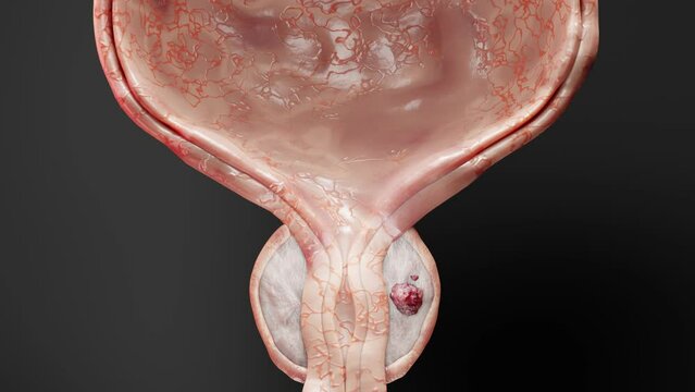Prostate cancer stages. ancerous cells, malignant tumor compresses urethra. Pathological disruption, genital reproductive system anatomy, bladder Oncological or Urological Disease, bph, 3d render