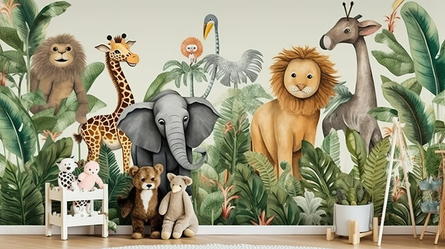 a children living room mockup with cute animals as wall art, ai generated image