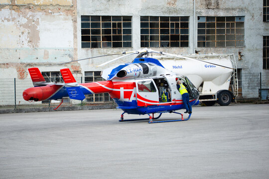 Air rescue helicopter from Luxembourg, emergency transport in Gusterath, rhineland-palatinate, Germany