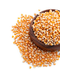 Dried corn kernels in wooden bowl isolated on white