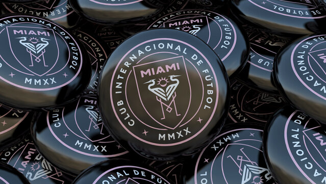 3d rendering of a lot of badges with te logotype of Inter Miami Soccer Club. American Soccer Team