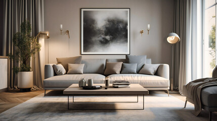 a contemporary living room with a gray couch