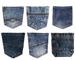 Set of different jeans pocket isolated on transparent background. Blue jeans back side pocket....