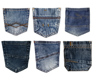 Set of different jeans pocket isolated on transparent background. Blue jeans back side pocket. Close up view denim texture, classic style fashion. PNG