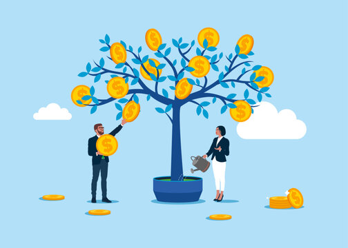 Businesspeople s picking cash from money tree. Financial and investment growth. Flat vector illustration