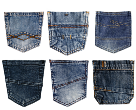 Set of different jeans pocket isolated on transparent background. Blue jeans back side pocket. Close up view denim texture, classic style fashion. PNG