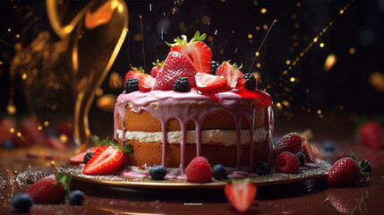 cake with fruit and cream dripping, Generative AI