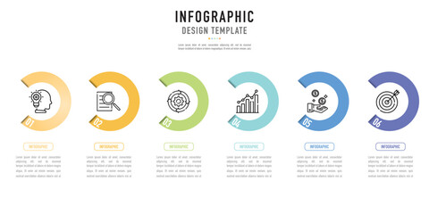 Semicircular infographic template or element with 6 step, process, option, colorful sequence circle, label, icons, paper origami, ring, minimal, modern style for sale slide, web, schedule, planner
