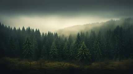Green mountain forest landscape. Misty Fantastic forest landscape. Foggy mountain forest landscape. Dark forest in haze landscape. generative ai
