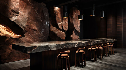Fototapeta na wymiar Interior Design of a Modern Restaurant with Beautiful Rock/Stone Wall Features and Rich Woods - Minimalist Moody Dining Design - Generative AI
