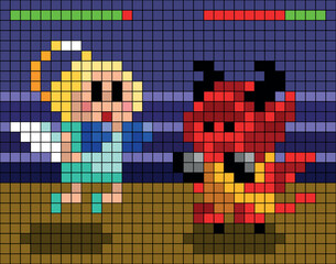 An angel wins demon in fighting in an old video game