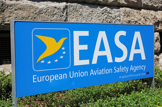 Cologne (K&ouml;ln), Germany - June 6. 2023: Closeup of sign of european aviation safety agency EASA