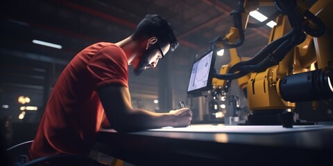 Obraz na płótnie Canvas Hispanic engineer foreman writing on digital tablet and checking in industrial factory, Engineer male writing checklist with serious looking, standing inside the smart factory, generative ai 