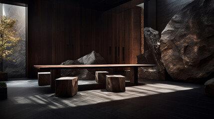 Interior Design of a Modern Restaurant with Beautiful Rock/Stone Wall Features and Rich Woods - Minimalist Moody Dining Design - Generative AI