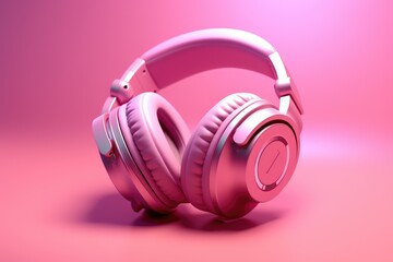 Fototapeta na wymiar pink headphones on pink background, modern audio technology headphone earphones product photo