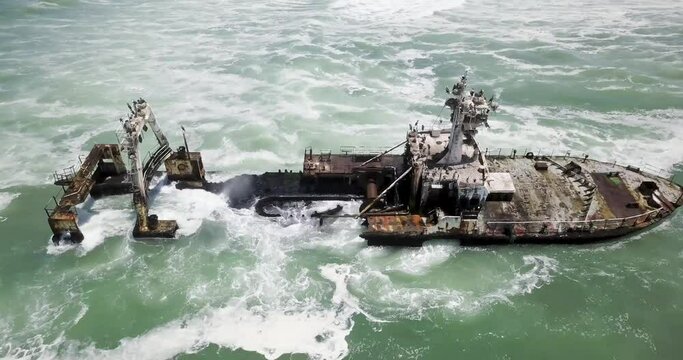 4K Aerial drone footage of an Abandoned Shipwreck Zeila on Famous Skeleton Coast, Namibia. Namibian Atlantic coastline, Zeila L-758 Walvis Bay stranded rusty ship at sand beach in Skeleton Coast Park