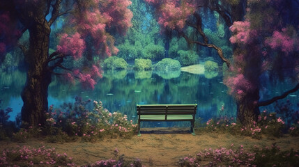 a lonely bench at a lake in a sad inspired artstyle, ai generated image