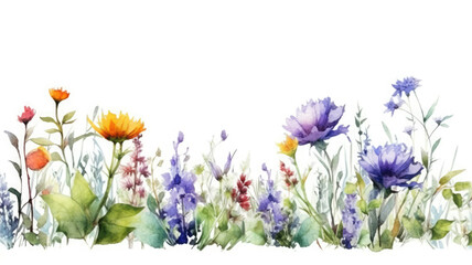 Obraz na płótnie Canvas Watercolor border wildflowers floral illustration: summer flower, blossom, poppies, chamomile, dandelions, cornflowers, lavender, violet, bluebell, clover, buttercup, butterfly. Generative AI