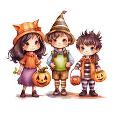 Children in Halloween costumes isolated on the background. Watercolor Halloween illustration. Generative AI.