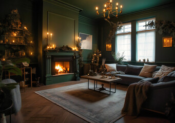living room with a christmas tree and fireplace