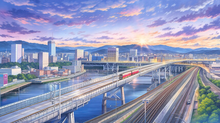 a big modern landscape anime illustration of a big city with a train, ai generated image
