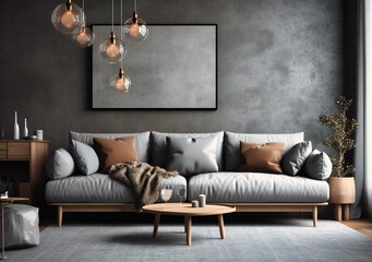 a room with a grey sofa and pillows