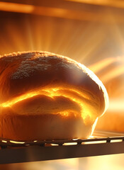 Bakery in the morning, hot fresh bread and pastry baking in the old town bakery, freshly baked products on shelves and the oven, small local business and food production. Generative Ai